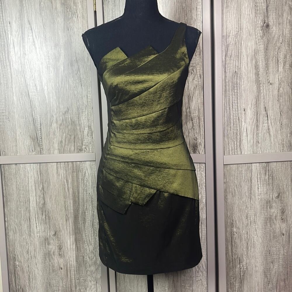 Jessica McClintock scalloped neckline one shoulder olive mini dress women's 6P